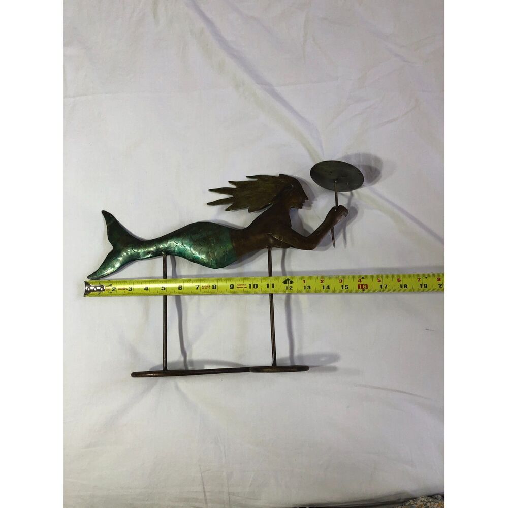 VtgY2K Metal Mermaid Candle Holder 16" Verdigris Patina Nautical Folk Art Statue - Picture 7 of 9